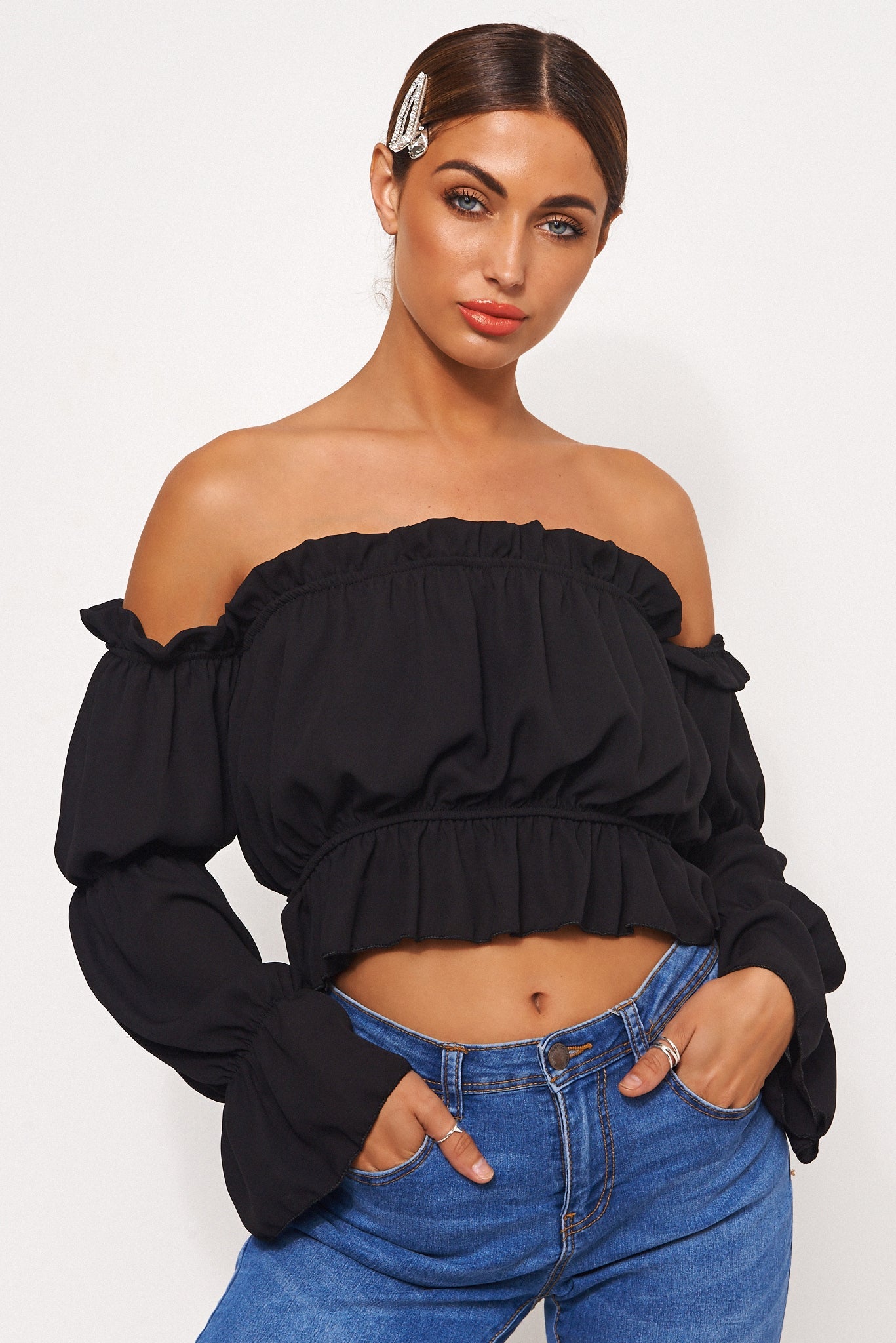 Black Bardot Frill Crop Top