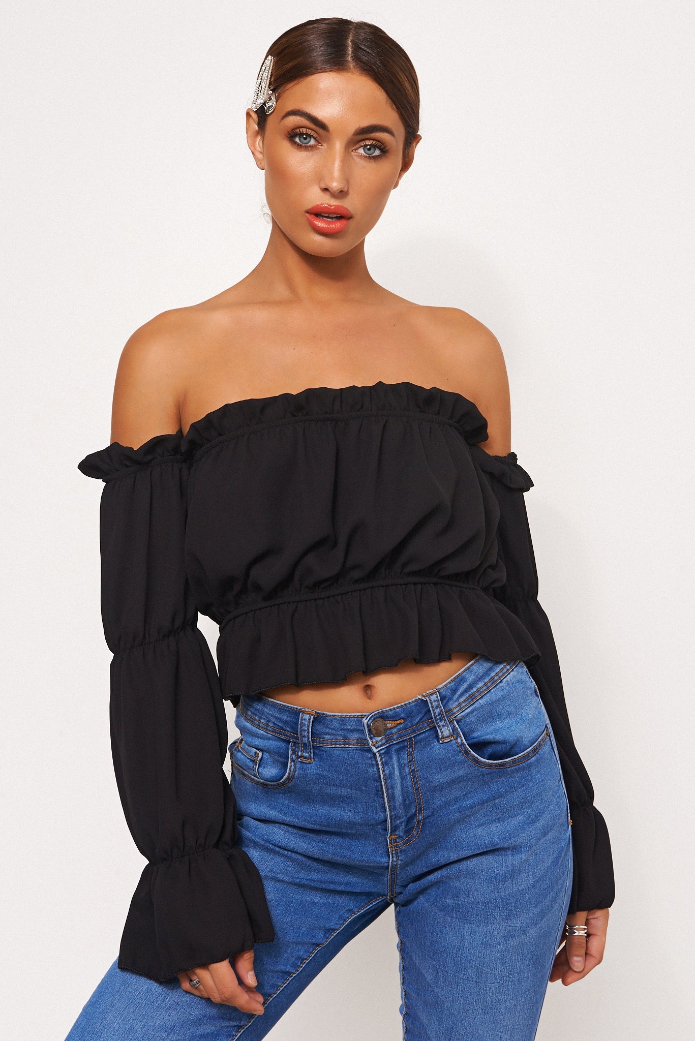 Black Bardot Frill Crop Top