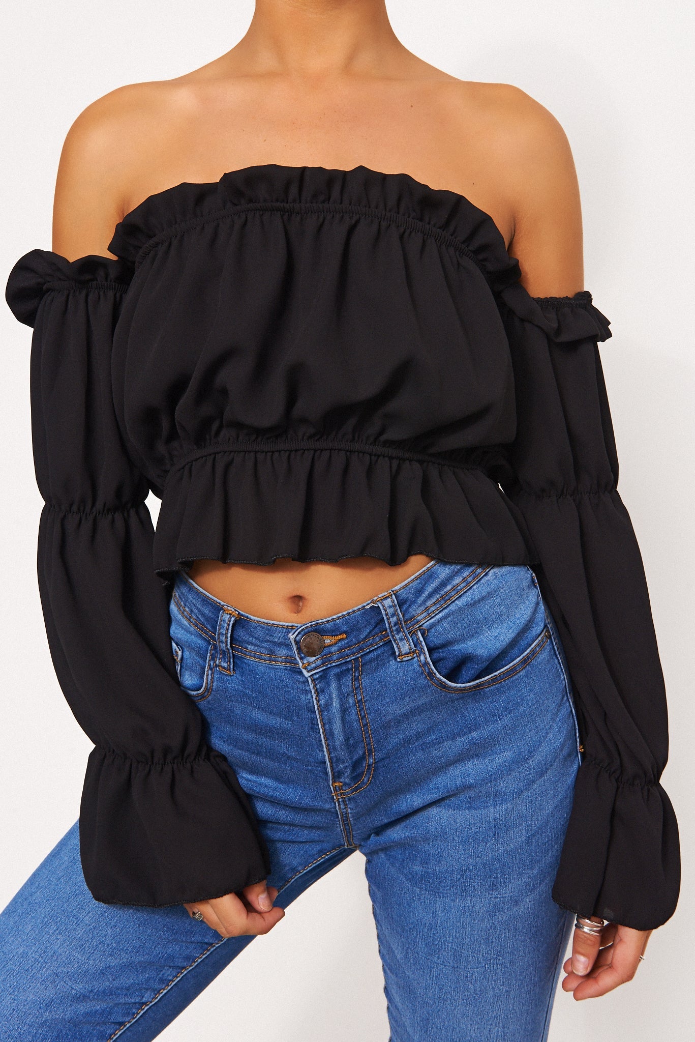 Black Bardot Frill Crop Top