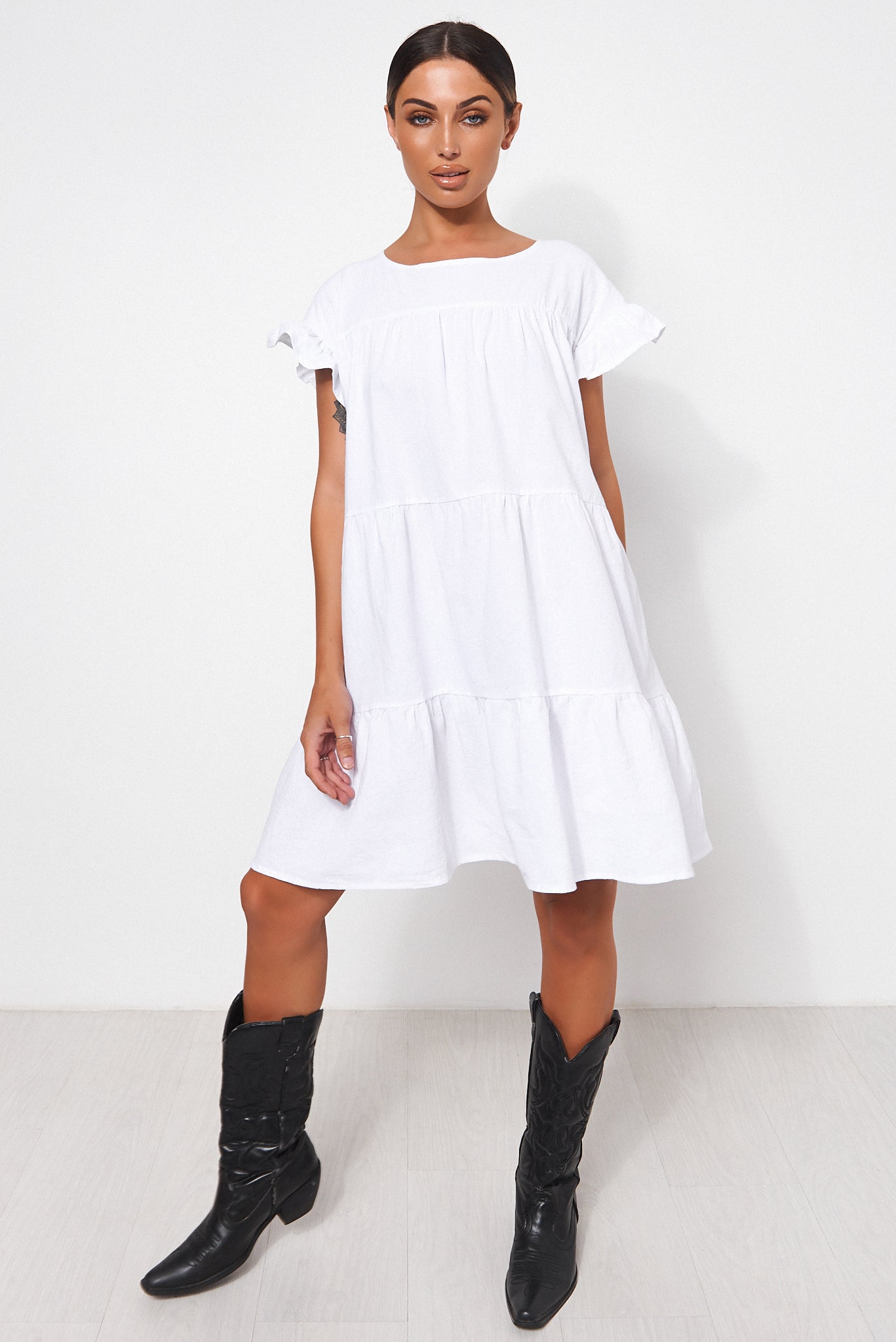 Monet White Frill Smock Dress