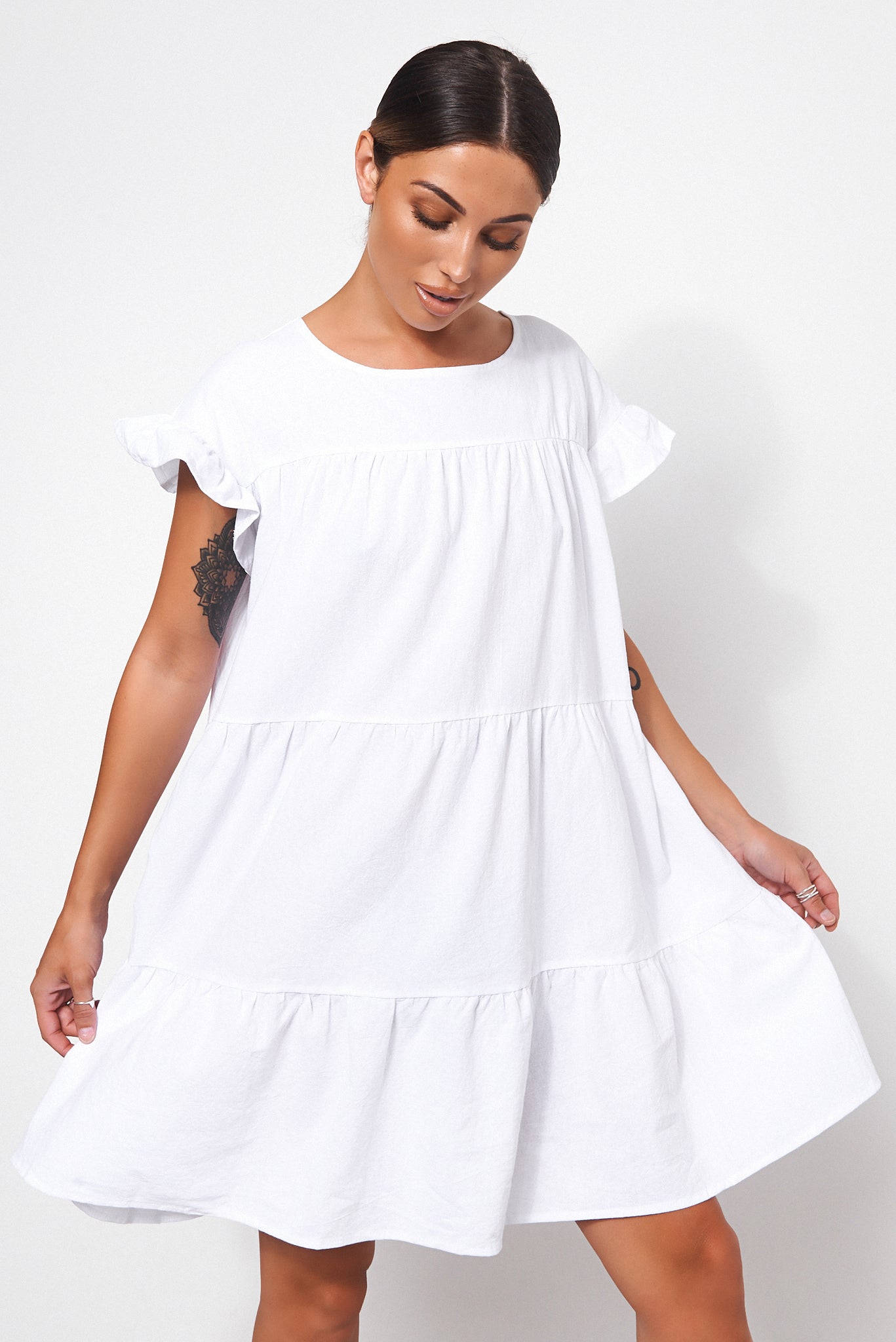 Monet White Frill Smock Dress