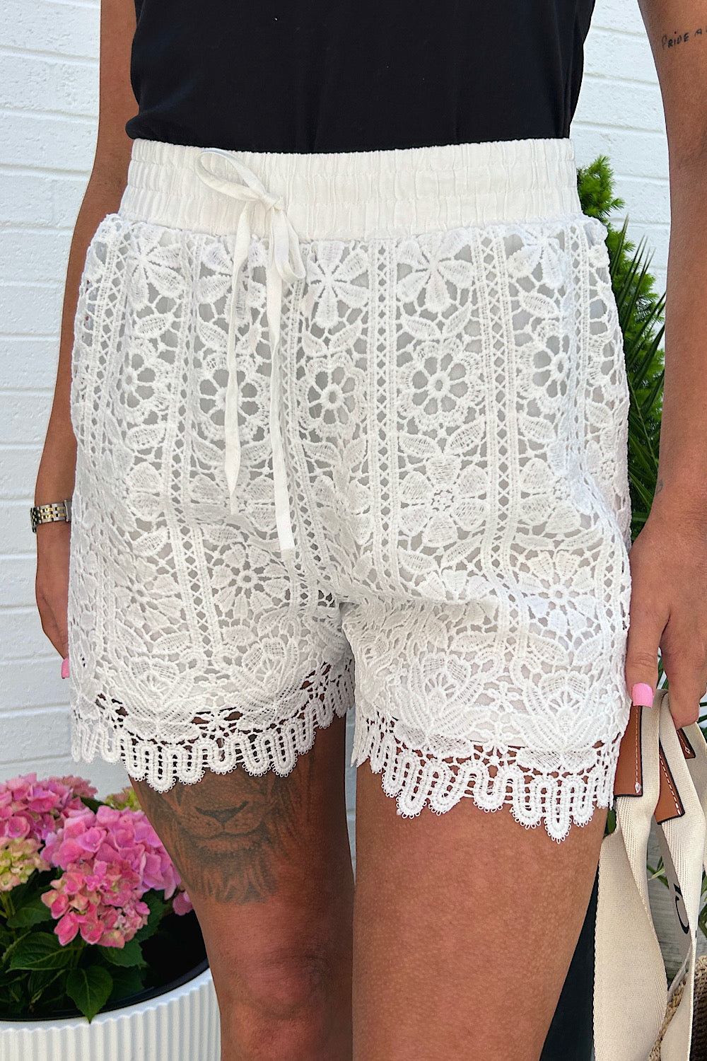 Cora Beige Floral Crochet Shorts