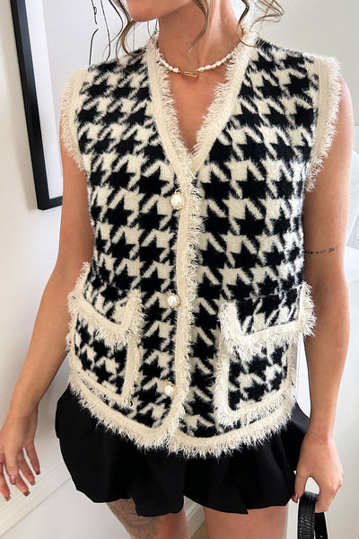 Megan Dogtooth Sleeveless Button Vest