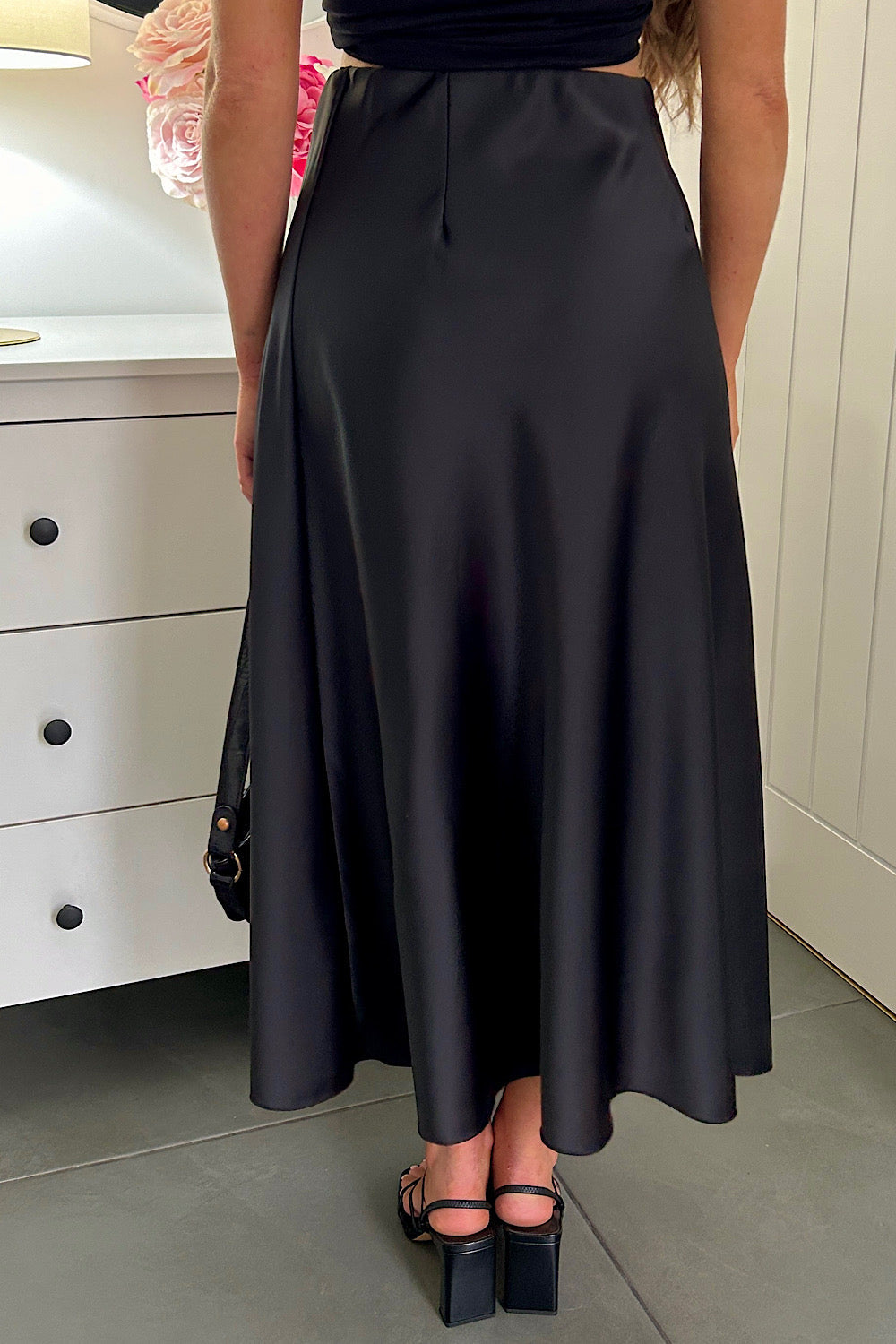 Jada Black Satin Maxi Skirt