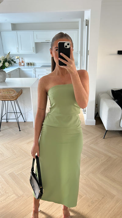 Eloise Sage Green Bandeau Strapless Maxi Dress