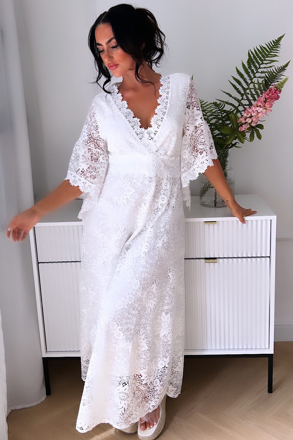 Bea White Lace Floral Maxi Dress