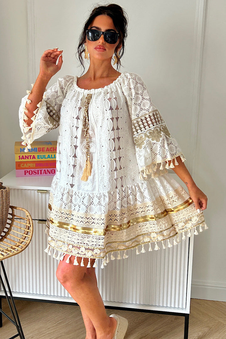 Hudson Gold Boho Crochet Tassel Dress