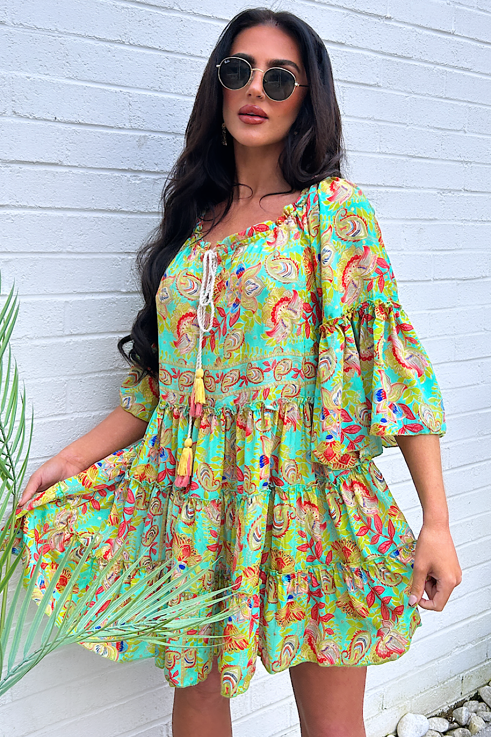 Naya Turquoise Boho Silk Mini Dress