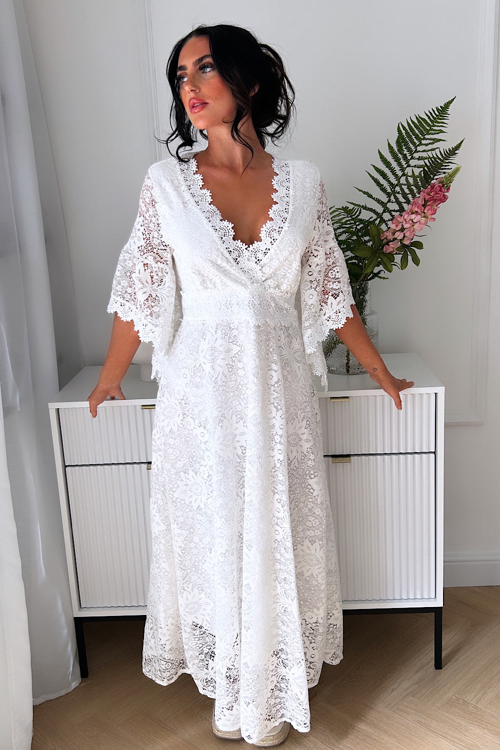 Bea White Lace Floral Maxi Dress