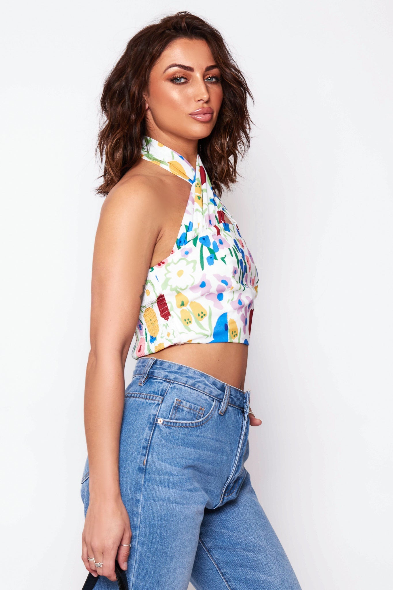 White Floral Halter Neck Crop Top