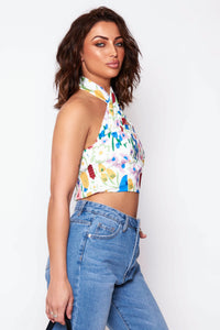 White Floral Halter Neck Crop Top