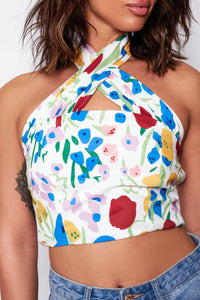 White Floral Halter Neck Crop Top