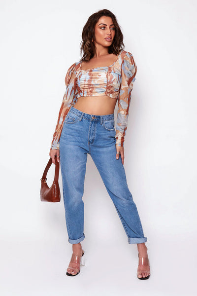 Brown Marble Ruched Crop Top