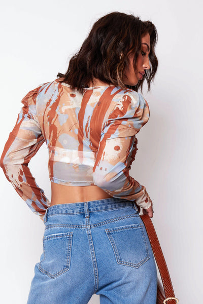 Brown Marble Ruched Crop Top