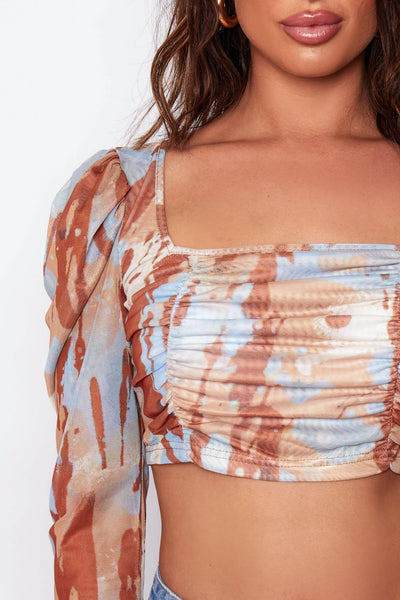 Brown Marble Ruched Crop Top