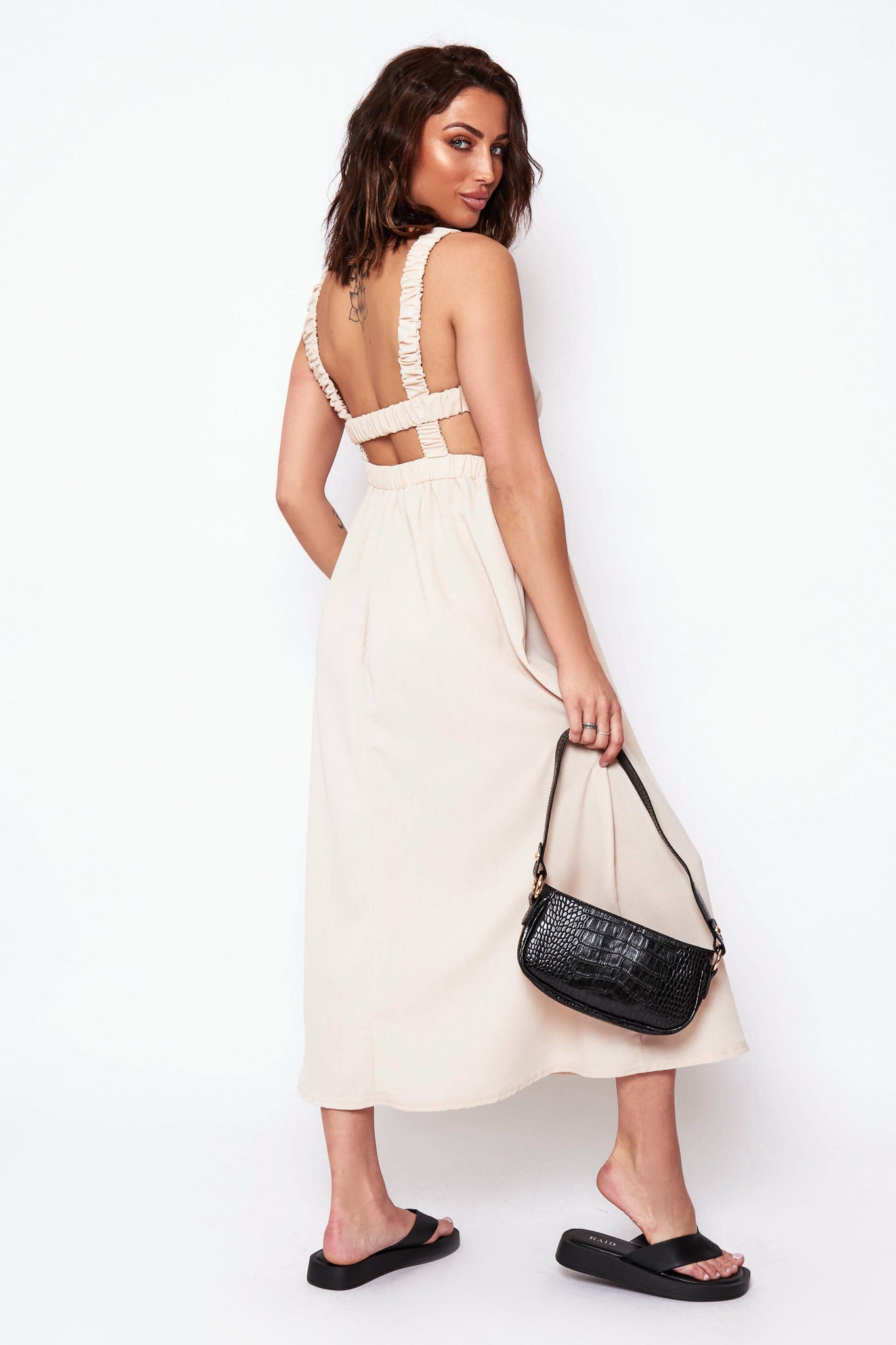 Lori Beige Strap Back Midi Dress