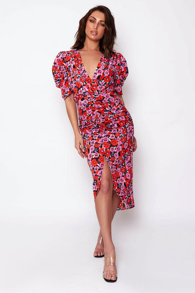 Kiya Red Floral Puff Sleeve Midi Dress