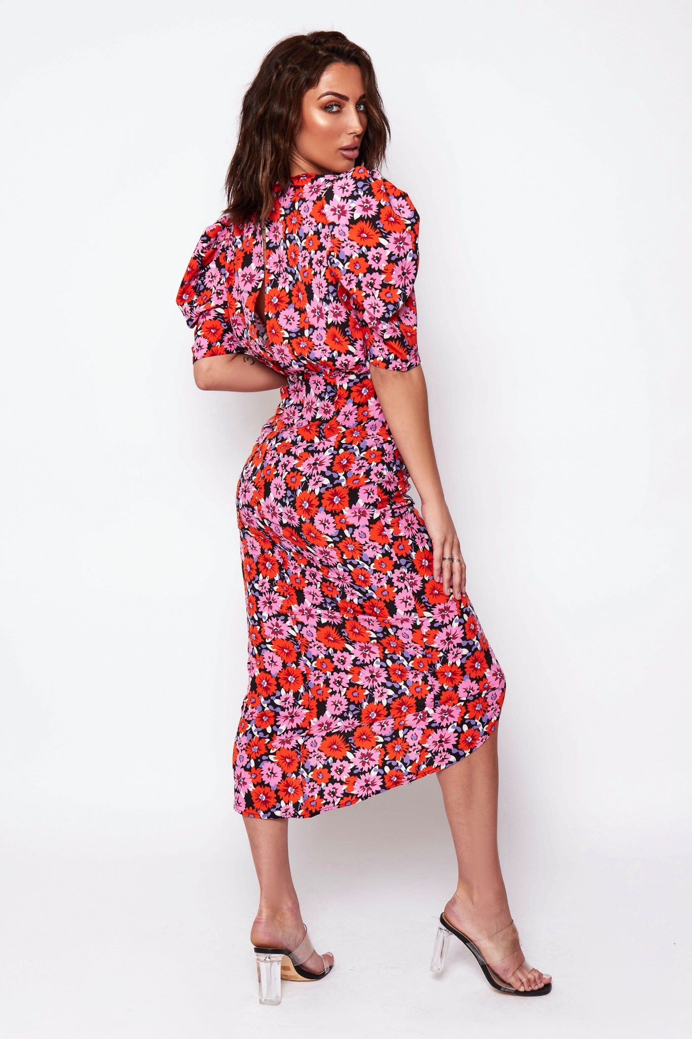 Kiya Red Floral Puff Sleeve Midi Dress