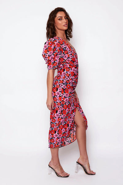 Kiya Red Floral Puff Sleeve Midi Dress