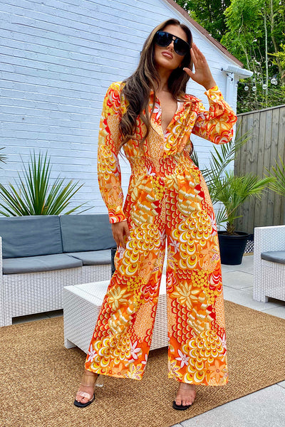 Tulum Orange Scarf Print Jumpsuit