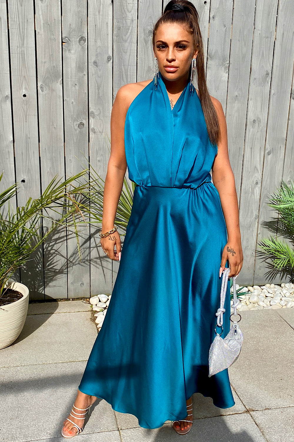 Teal Satin Backless Maxi Dress no