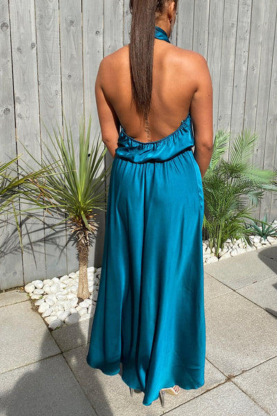 Teal Satin Backless Maxi Dress no