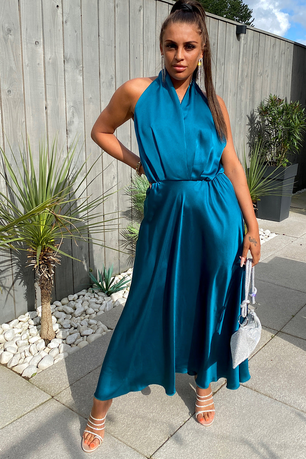 Teal Satin Backless Maxi Dress no