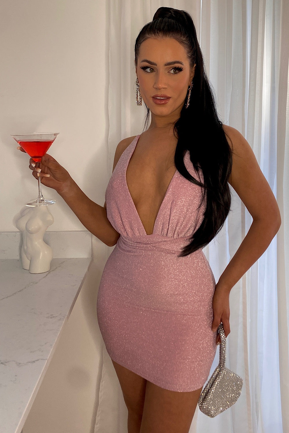 Pink V Front Lurex Backless Mini Dress