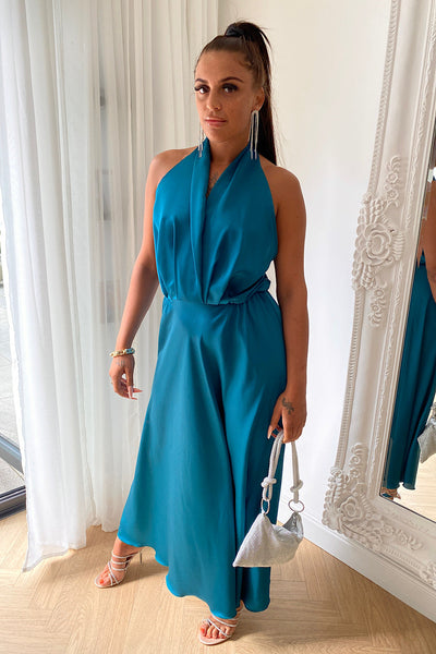 Teal Satin Backless Maxi Dress no