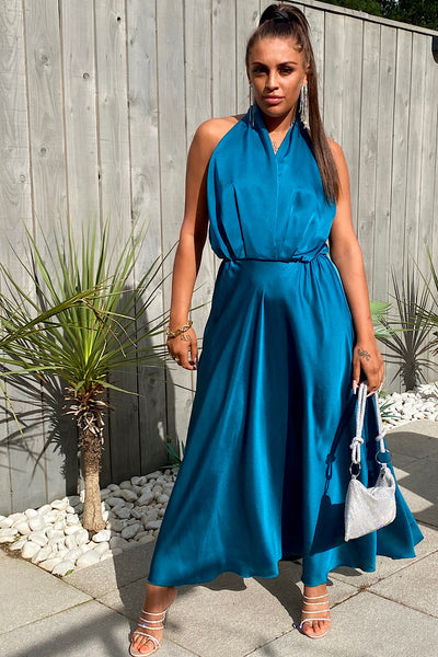 Teal Satin Backless Maxi Dress no