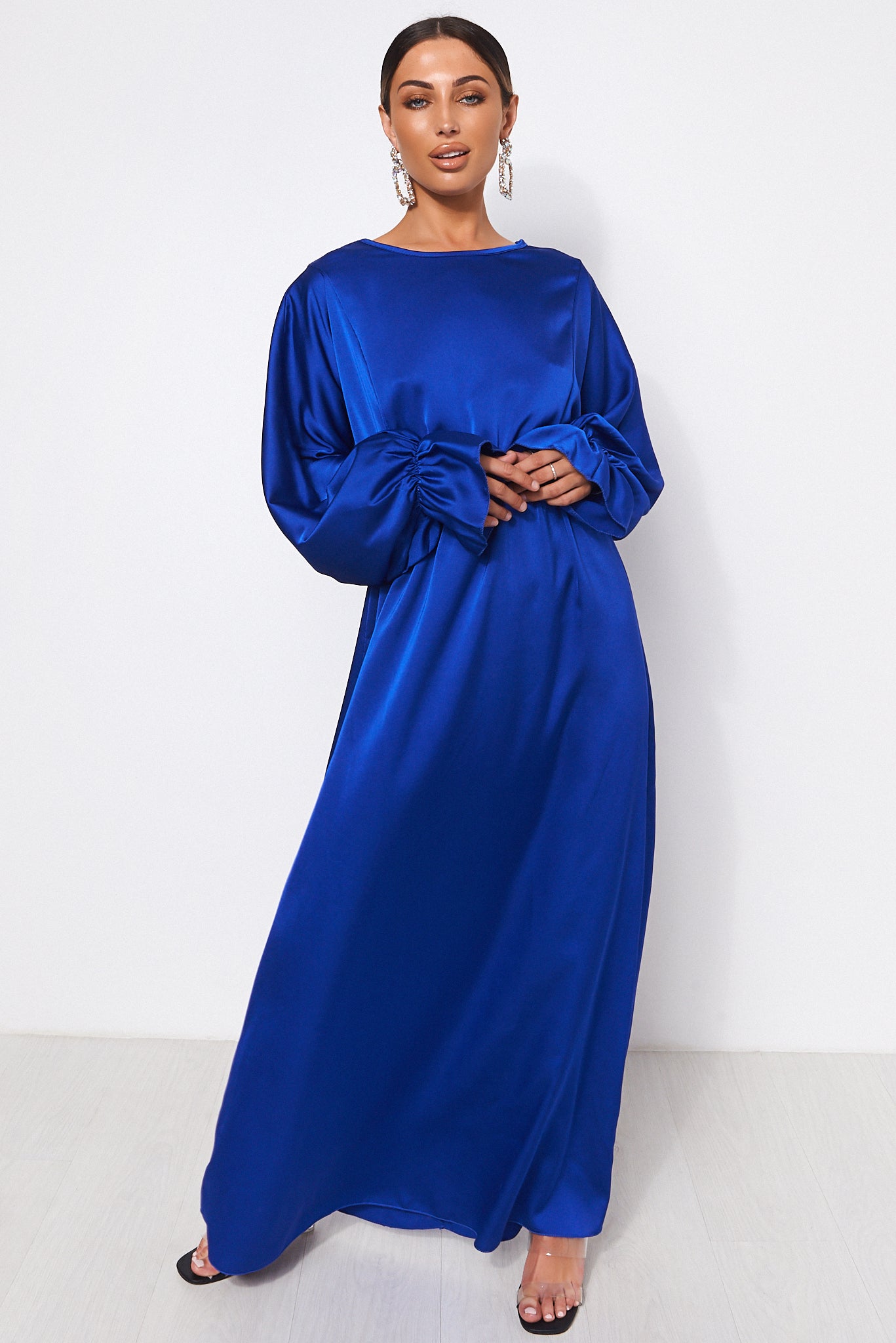 Blue Satin Long Sleeve Maxi Dress – The Fashion Bible